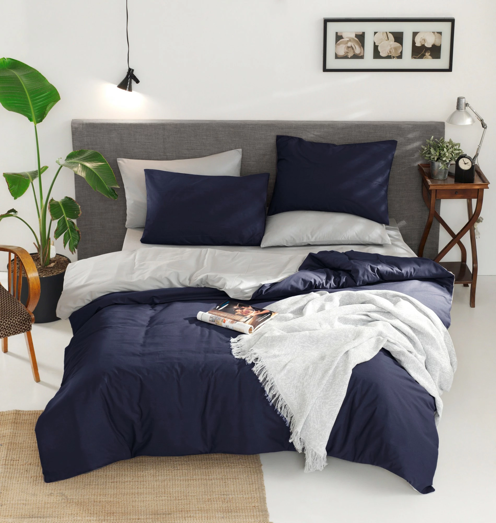 Set mbulesash për dyshek çift, Ranforce, dyanshëm, ngjyrë kaltër e errët dhe gri