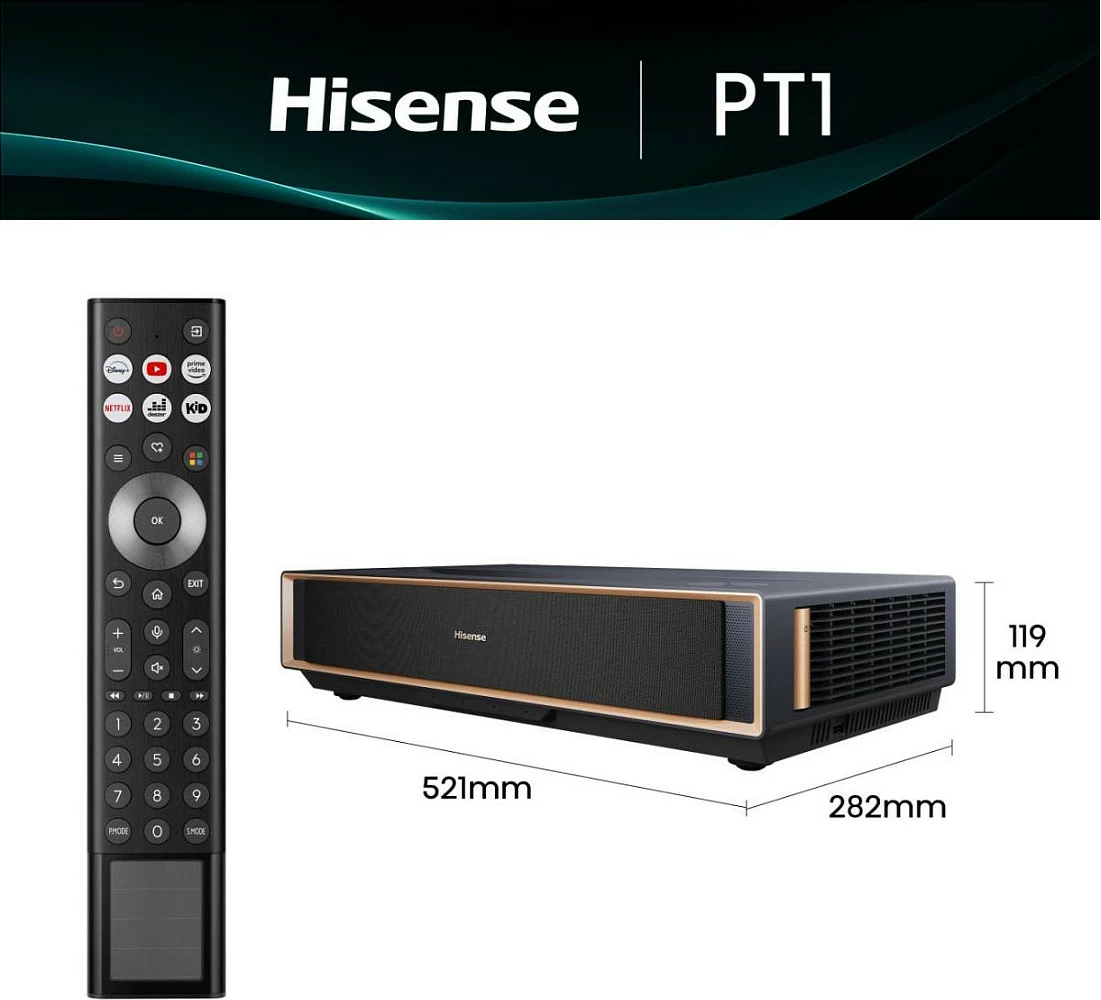 Projektor laser Hisense PT1, 4K UHD, Smart VIDAA, HDR, Dolby Atmos, HDMI 2.1, WiFi, 80-150", ngjyrë e zezë me bronz