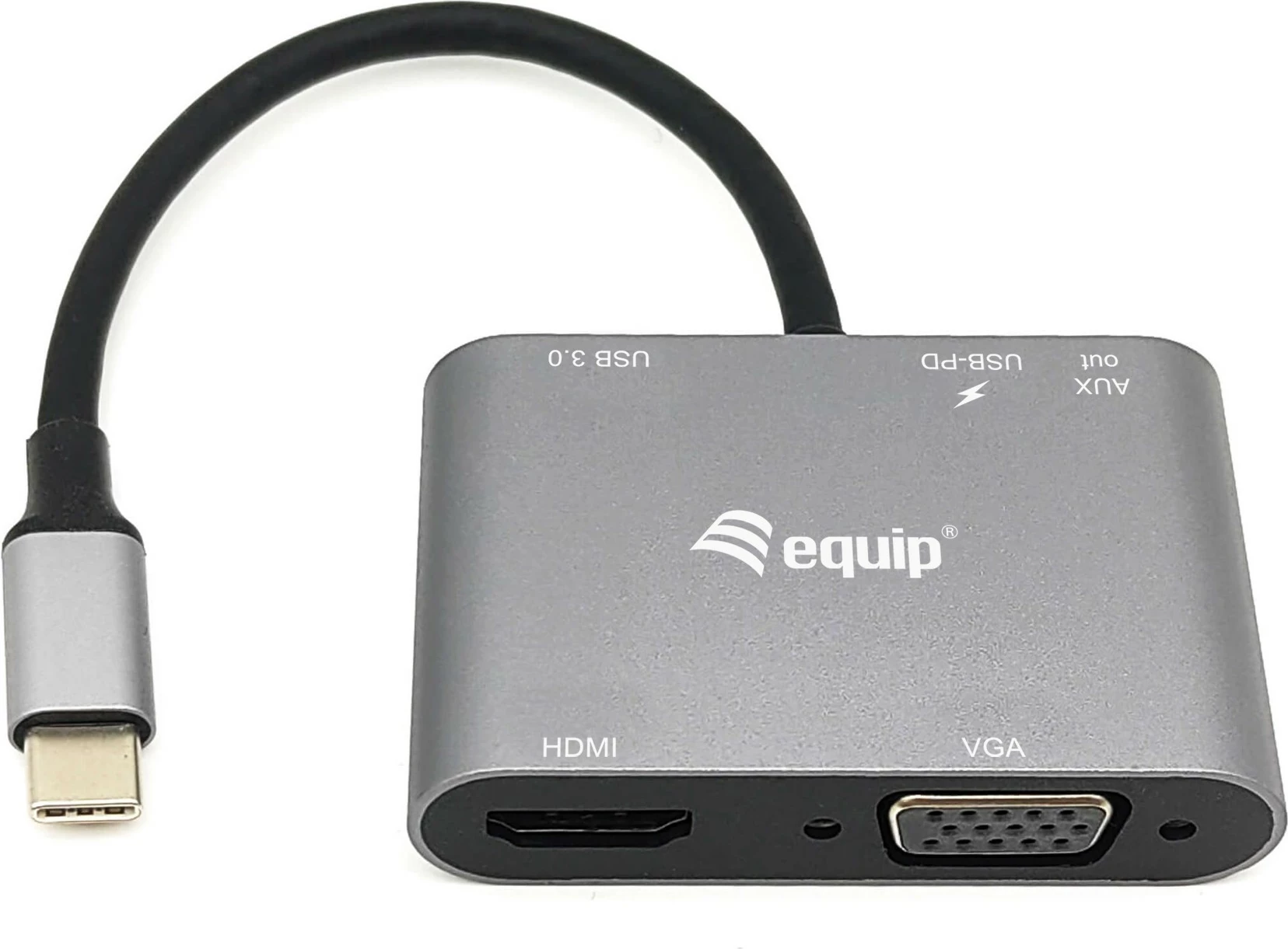 Adapter USB-C multifunksional Equip 5-në-1, 100W, HDMI, VGA, USB 3.0, AUX, zi/gri