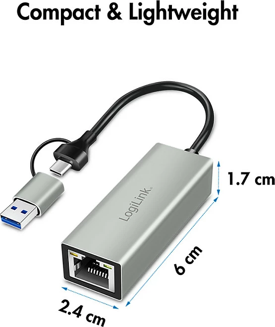 Adapter USB LogiLink USB 3.2 Gen1, USB-A/USB-C në Gigabit Ethernet, alumin, argjendtë