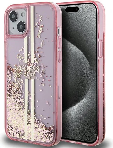Mbështjellës Guess Liquid Glitter Gold Stripes për iPhone 15 Plus / 14 Plus, Rozë