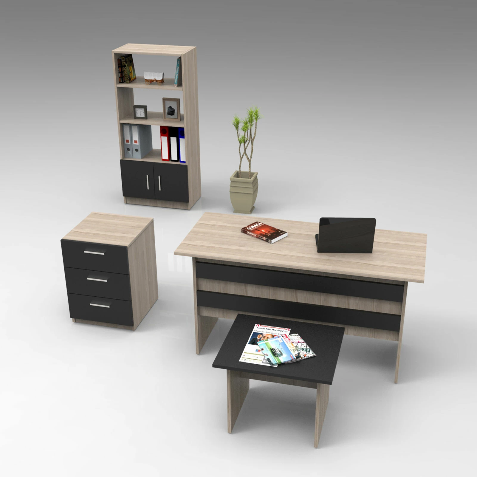 Set mobiljesh për zyre Hanah Home, Vo11-Ob, ngjyrë lis dhe e zezë