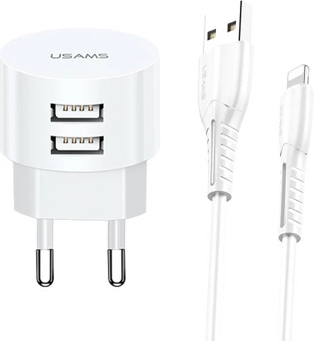 Karikues muri USAMS T20 me 2xUSB 2.1A dhe kabllo Lightning, Bardhë