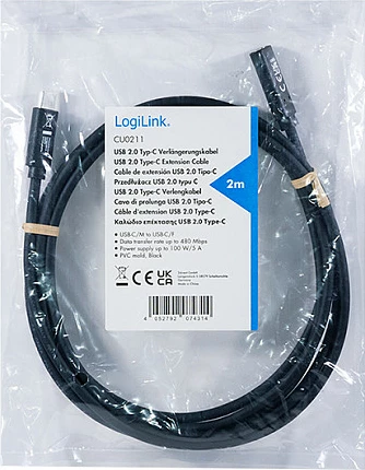 Kabllo USB-C LogiLink, USB 2.0 C/M në C/F, 2 m, 100 W, 480 Mbps, e zezë