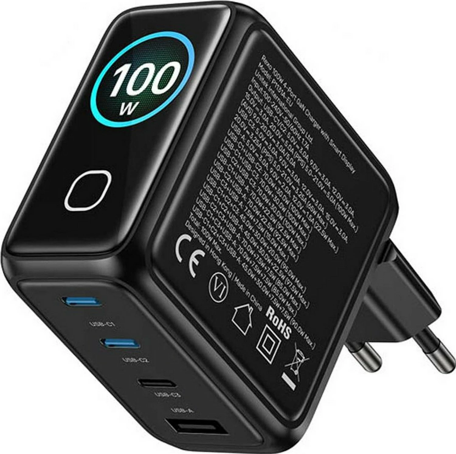 Karikues GaN Unitek me ekran, 100W, 3x USB-C, 1x USB-A, PD3.0, QC4.0, zi