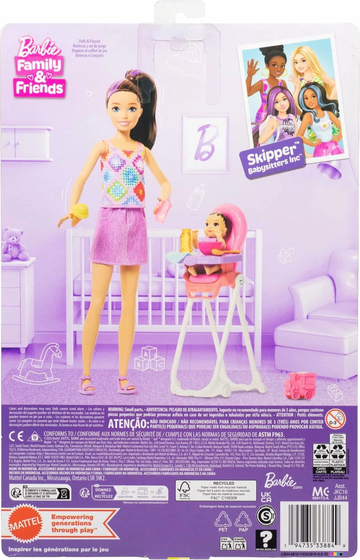 Set kukullash Mattel Barbie Skipper Babysitters Club JJB44, 2 kukulla me bebe, karrige ushqimi dhe 8 aksesorë