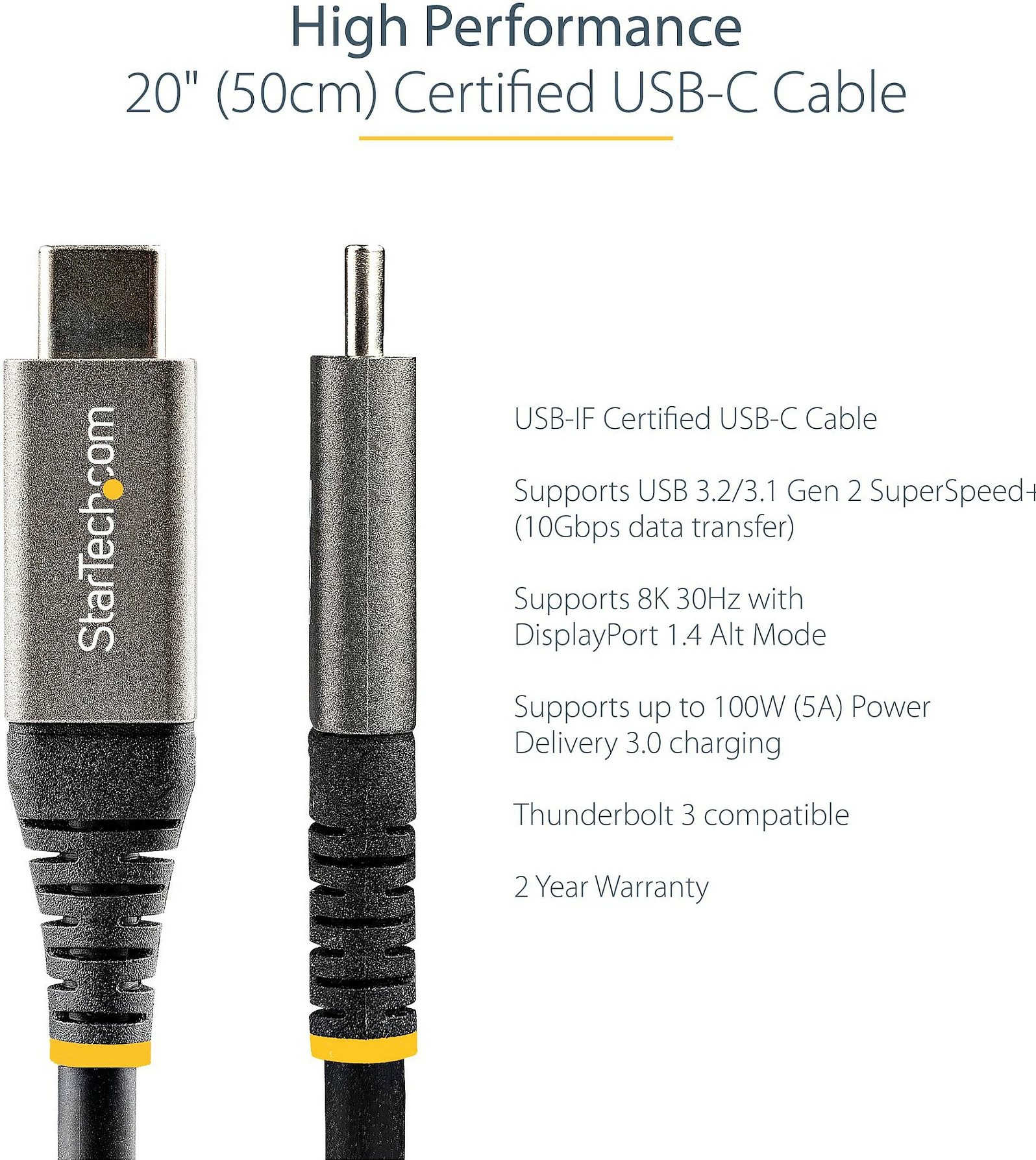 Kabllo USB-C StarTech USB31CCV50CM, 0.5m, 10Gbps, PD 100W (5A), DP Alt Mode, gri/zezë