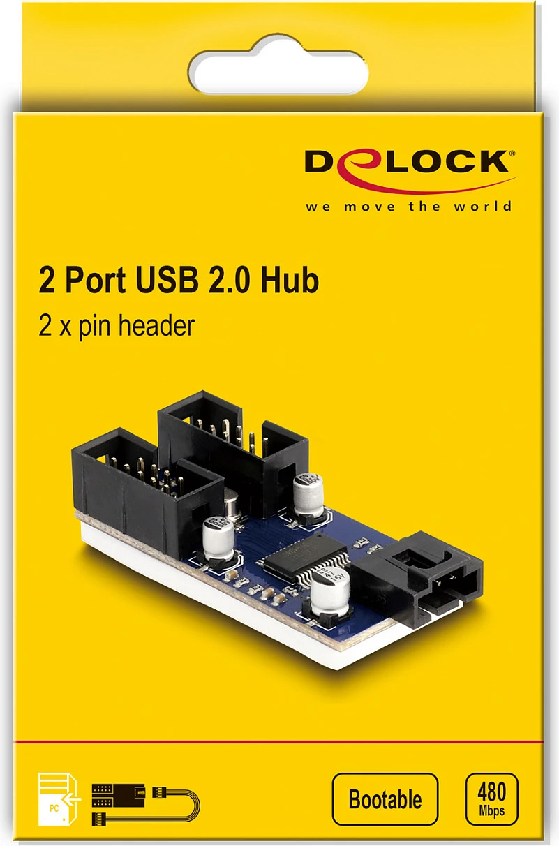 Hub i brendshëm USB DeLOCK 2-Port, USB 2.0 header 4-pin në 2x 9-pin, zi/kaltër