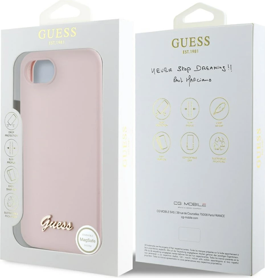 Mbështjellës Guess Silicone Script Metal Logo MagSafe për iPhone 16e, Rozë