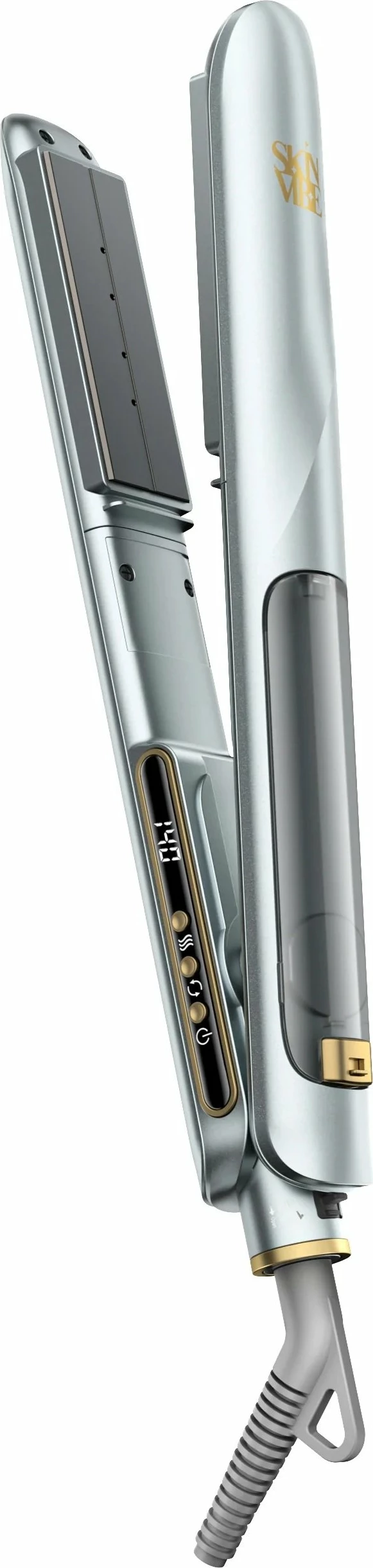 Hekur për drejtim flokësh SkinVibe Astra SteamPlasma SV-005SL 220°C pllaka qeramike avull + plazmë ekran LCD, argjendtë, me tapet silikoni