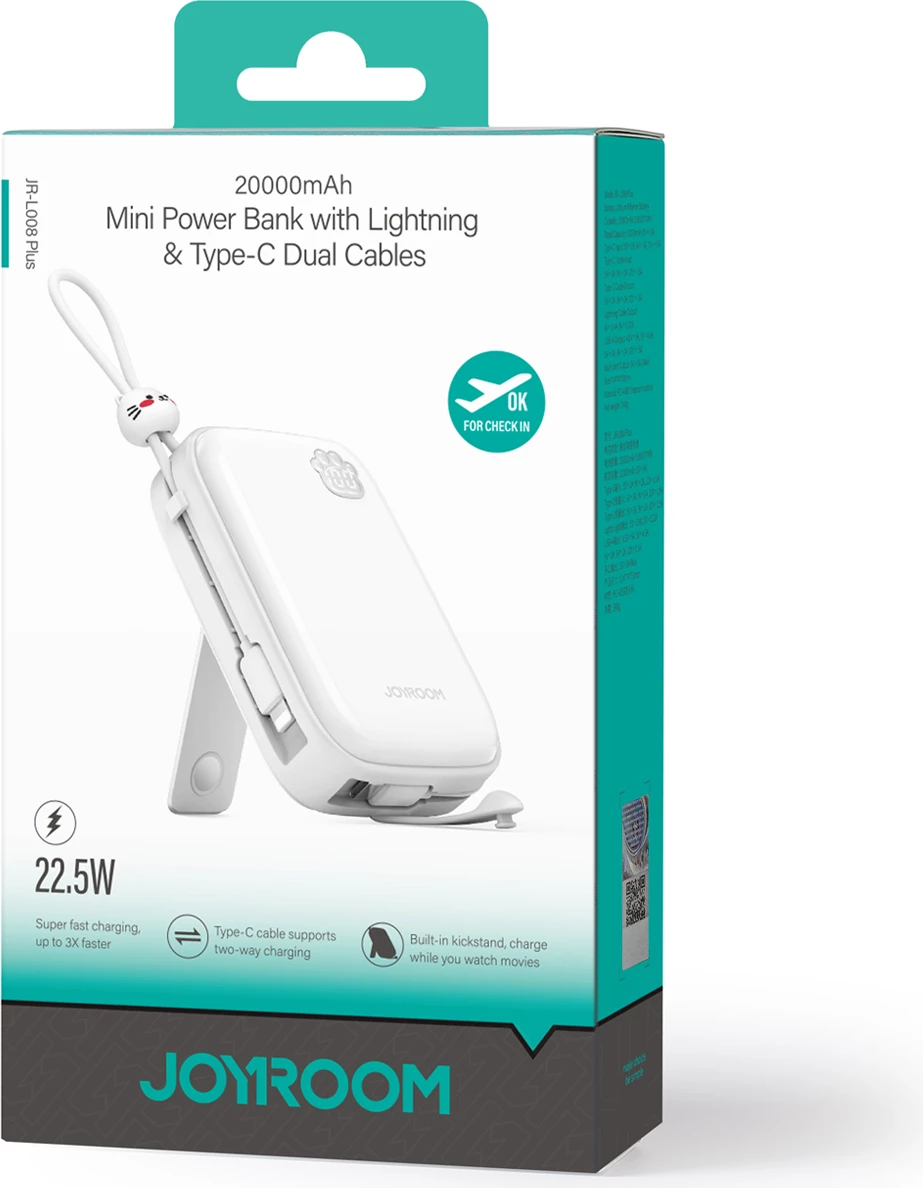 Powerbank Joyroom JR-L008 Plus Cutie Series 20000mAh me mbajtëse, e bardhë
