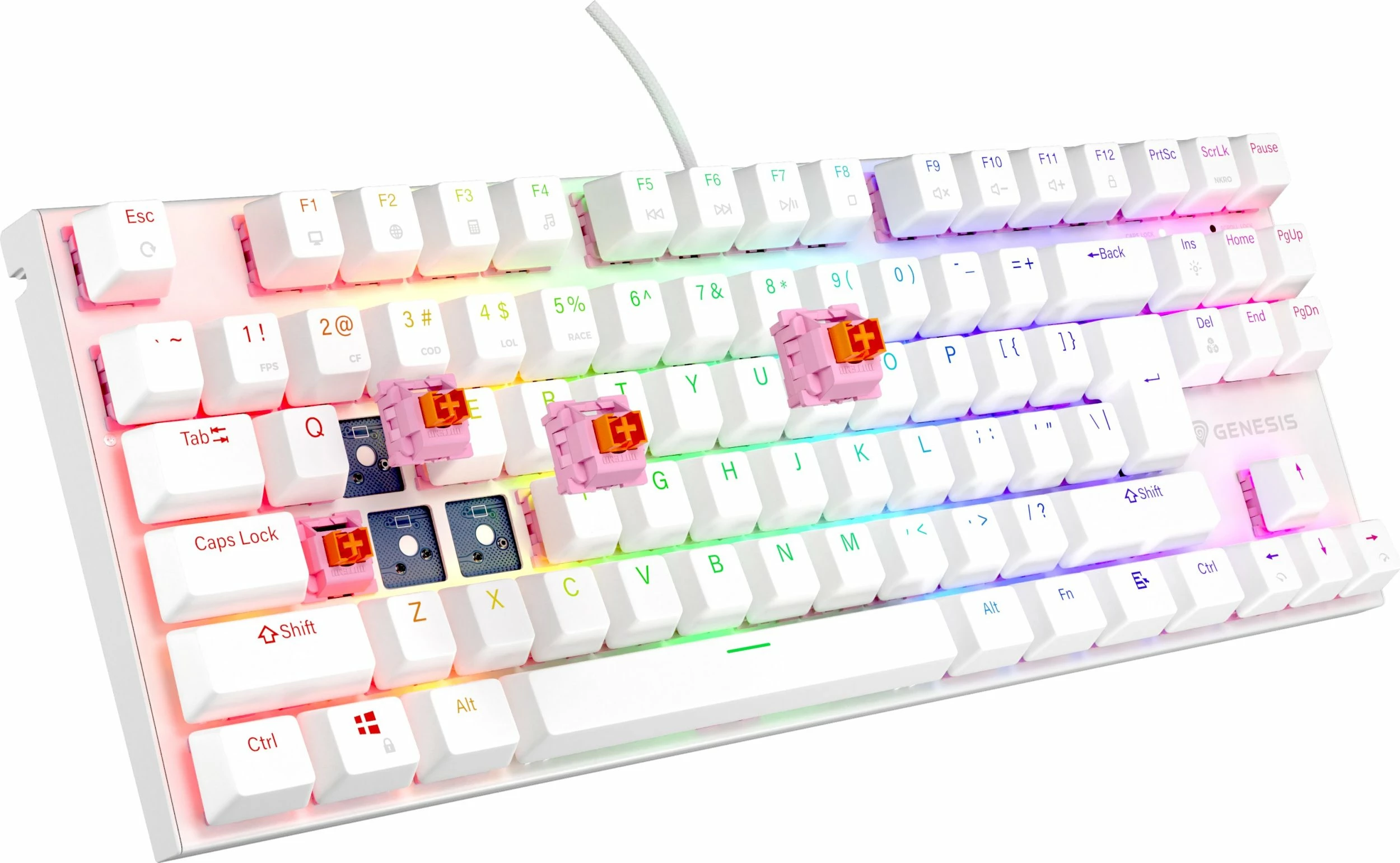 Tastierë mekanike gaming Genesis Thor 303 TKL NKG-2063, Outemu Peach Silent, Hot Swap, RGB, USB, US layout, e bardhë