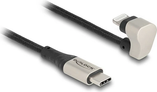 Kabl USB-C në Lightning DeLOCK, 1 m, 180° i përkulun, MFi, 3A, i zi/argjend