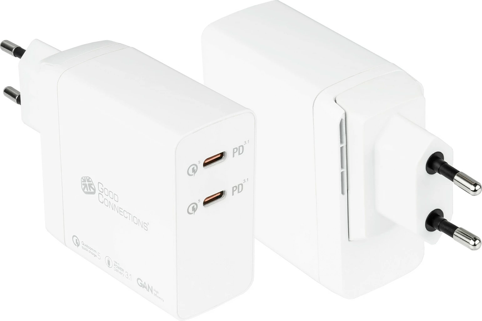 Karikues muri GoodConnections PCA-W006W, 140W GaN, 2x USB-C PD 3.1, Quick Charge 5, i bardhë