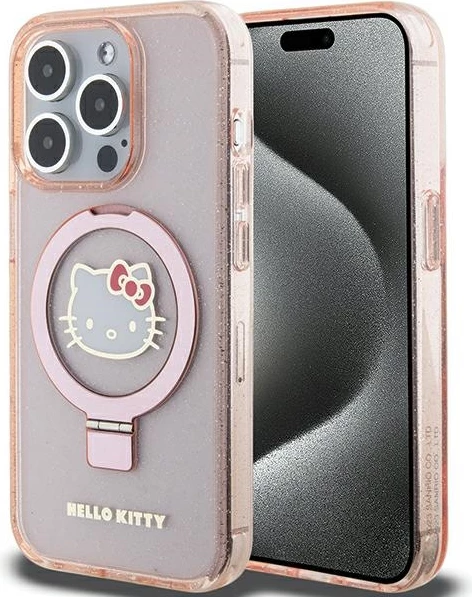 Mbështjellës Hello Kitty për iPhone 15 Pro, Ring Stand, MagSafe, Rozë