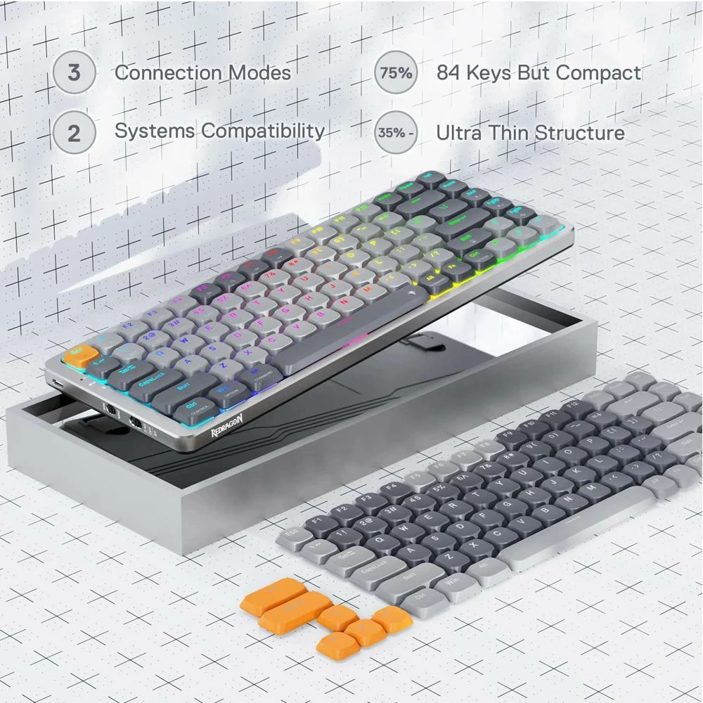 Tastierë mekanike wireless Redragon Azure K652GG RGB Pro K652GG, 75% (84 taste), low-profile, red switch, RGB, tri-mode Bluetooth/2.4GHz/USB, gri e errët