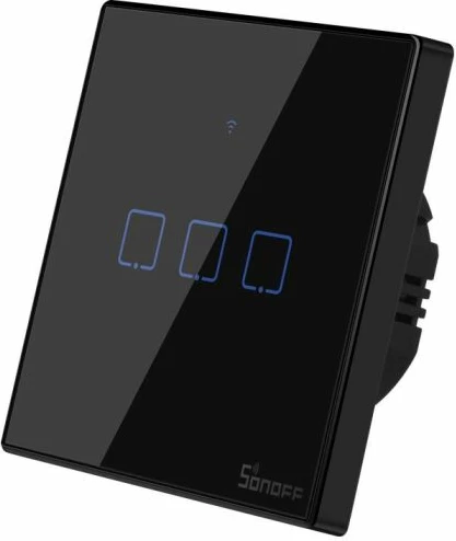 Ndërprerës muri smart Wi‑Fi SONOFF T3EU3C-TX, 3 kanale, touch, EU, xham i temperuar, i zi