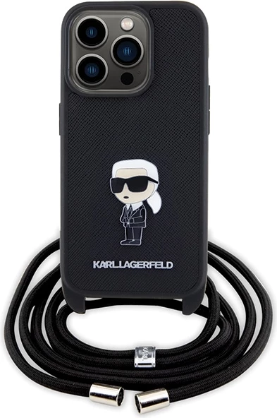 Mbështjellës Karl Lagerfeld Crossbody Saffiano Monogram Metal Pin Karl & Choupette për iPhone 15 Pro, e zezë