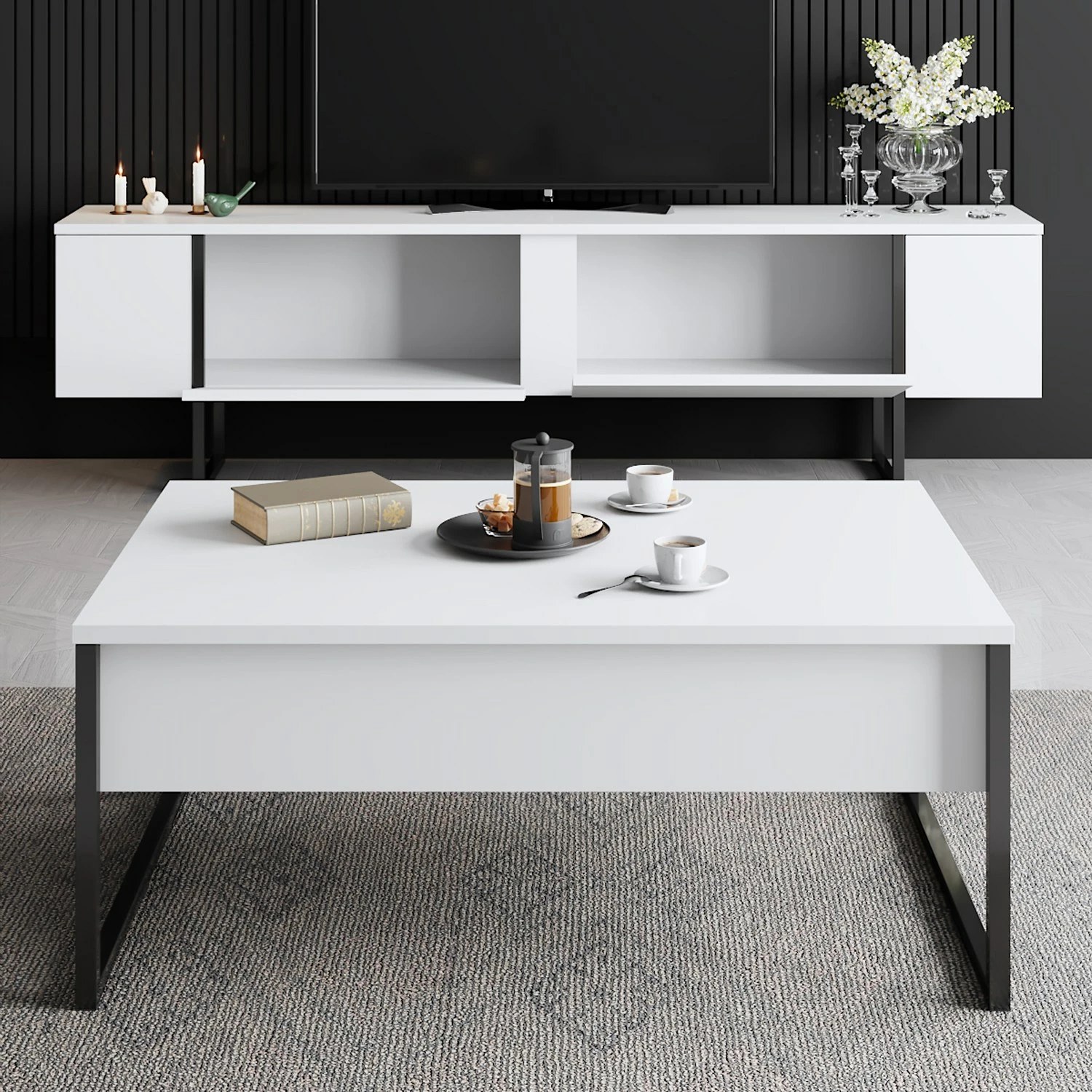 Komodë TV Skye Decor, ngjyrë e bardhë dhe e zezë, Luxe