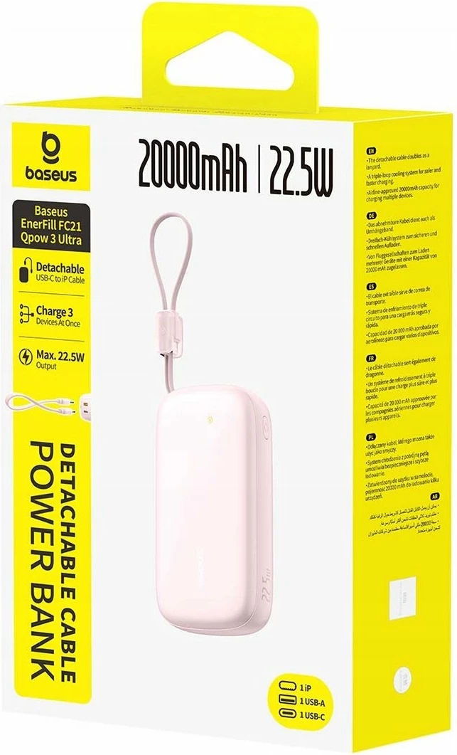 Powerbank Baseus EnerFill FC21 Qpow 3 Ultra 20000mAh 22.5W me display, rozë, me kabllo të ndashme