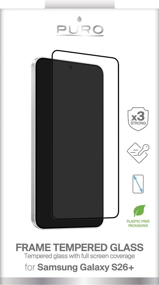 Xham i kalitur mbrojtës ekrani Puro Frame Full Glue për Samsung Galaxy S26 Plus, 9H, Full Glue, i zi, në kuti