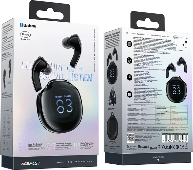 Kufje Acefast T9, wireless, Bluetooth 5.3, me ekran LED, të zeza