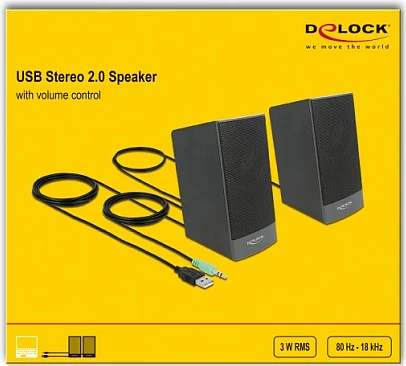 Altoparlantë DeLOCK Stereo 2.0, 3W RMS, USB + 3.5mm, të zinj