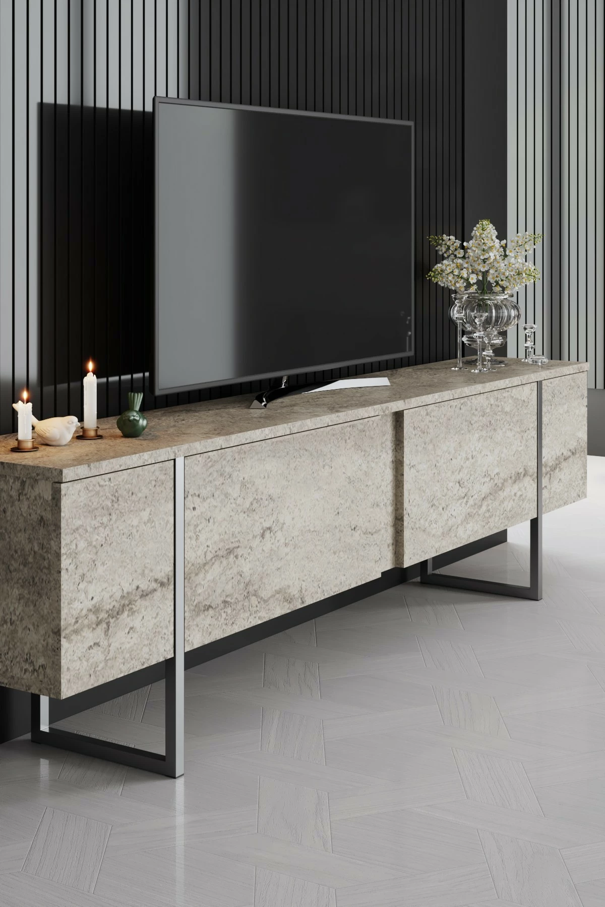 Komodë TV Hanah Home, Luxe, travertin, argjend