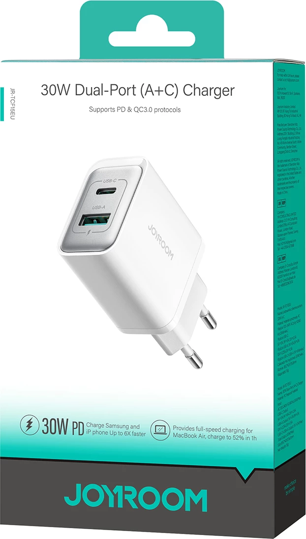 Karikues muri Joyroom JR-TCF15 30W USB-C/USB-A me 2 porta, prizë EU, i bardhë
