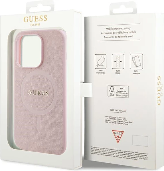 Mbështjellës Guess GUHMP14XPSAHMCP për iPhone 14 Pro Max, Saffiano MagSafe, rozë