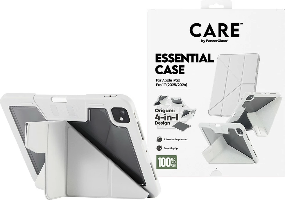 Mbështjellës për iPad PanzerGlass CARE Essential Case, iPad Pro 11" (2024/2025), origami 4-në-1, mbajtëse Apple Pencil, gri