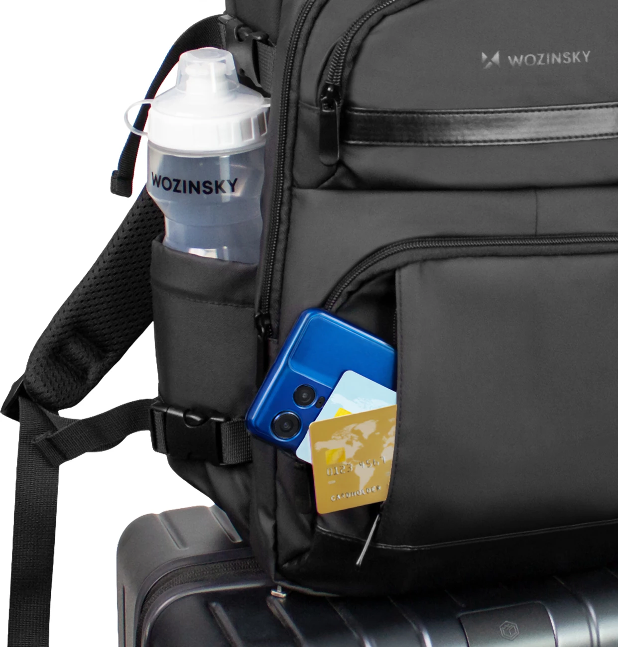 Çantë shpine udhëtimi Wozinsky WPW-20L 20L 40x20x25 cm me xhep për laptop dhe portë USB, e zezë
