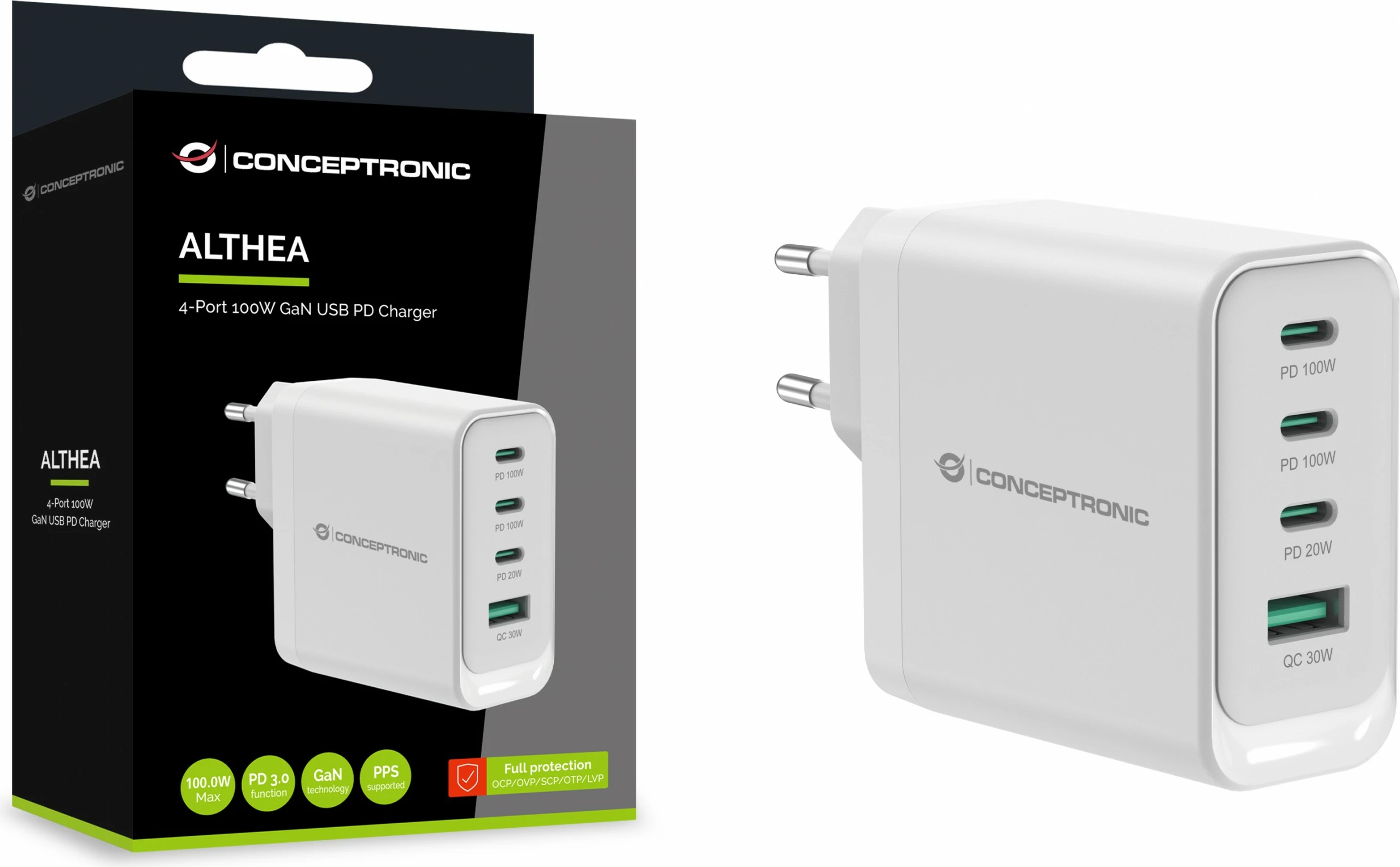 Karikues Conceptronic 4 porta GaN, 3x USB-C, 1x USB-A, 100W, i bardhë