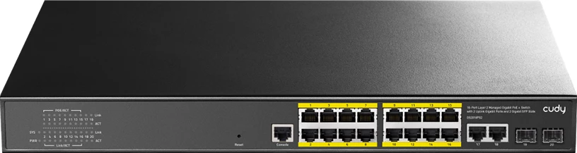 Ndërprerës Gigabit PoE+ i Menaxhuar me 16 Porta, Shtresa 2, me 2 Porta Gigabit Uplink dhe 2 Slote Gigabit SFP, 200W (GS2018PS2-200W)