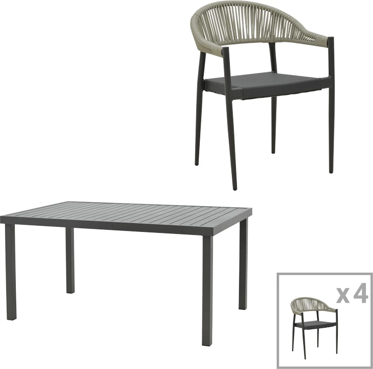 Tavolinë me karrige Elation-Kliton A, alumini, ngjyrë antraciti, set prej 5 copësh, 150x80x74cm