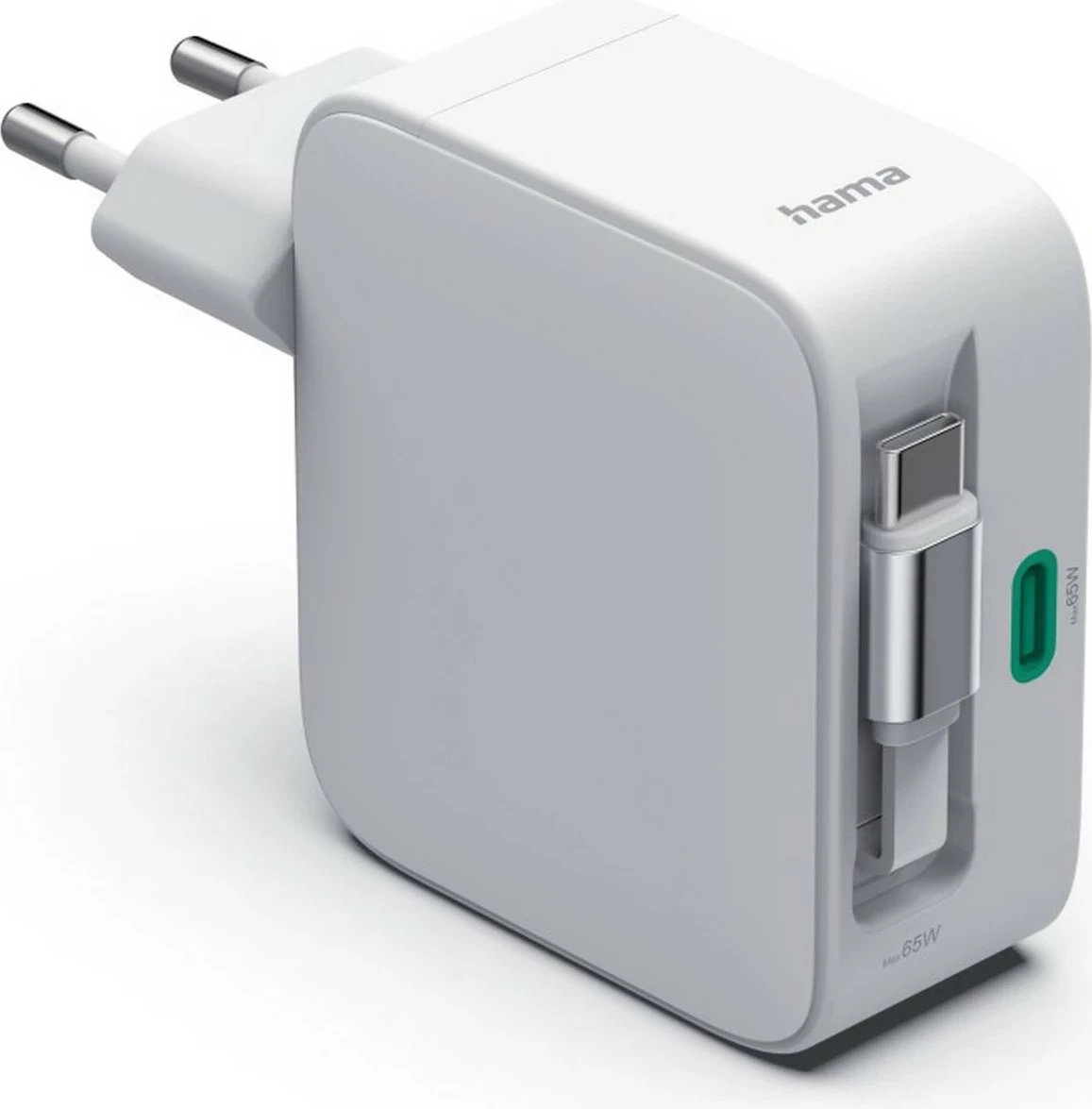 Karikues Hama GaN 65W, 2x USB-C, kabllo e tërheqshme, i bardhë
