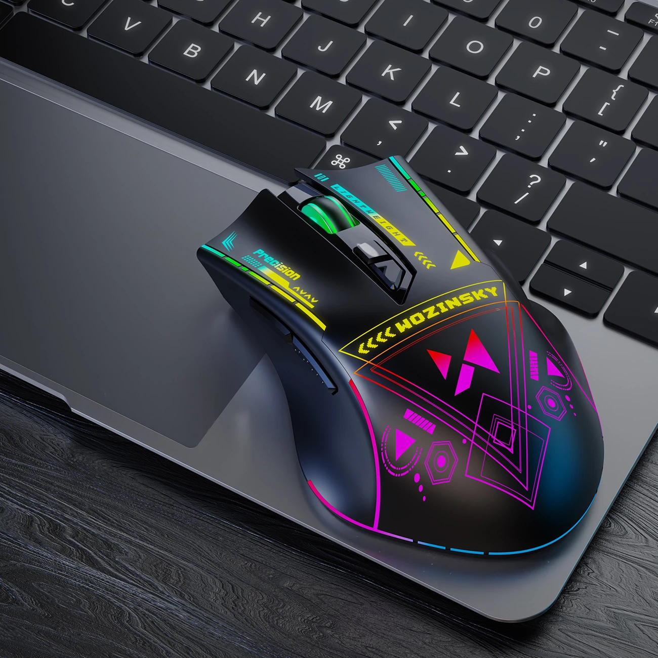 Maus pa kabëll, Wozinsky WMGB-3200, optik 3200 DPI, 2.4 GHz, 7 butona, bateri e rikarikueshme 400 mAh, RGB, USB-C, i zi