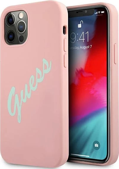 Mbështjellës Guess GUHCP12LLSVSPG për iPhone 12 Pro Max 6.7", silikon, rozë/jeshile