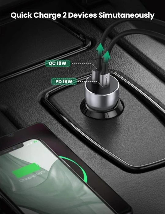Karikues për veturë UGREEN 60980, USB-A + USB-C PD 36W, QC 3.0, gri, me kuti