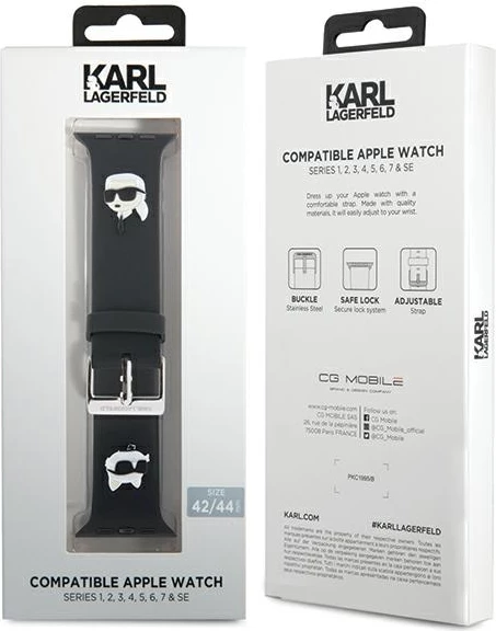 Rrip silikoni për Apple Watch Karl Lagerfeld 3D Rubber Karl&Choupette Head, i zi, 42/44/45/49mm