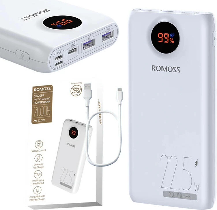 Powerbank Romoss SW20PF, 20000mAh, 22.5W, e bardhë