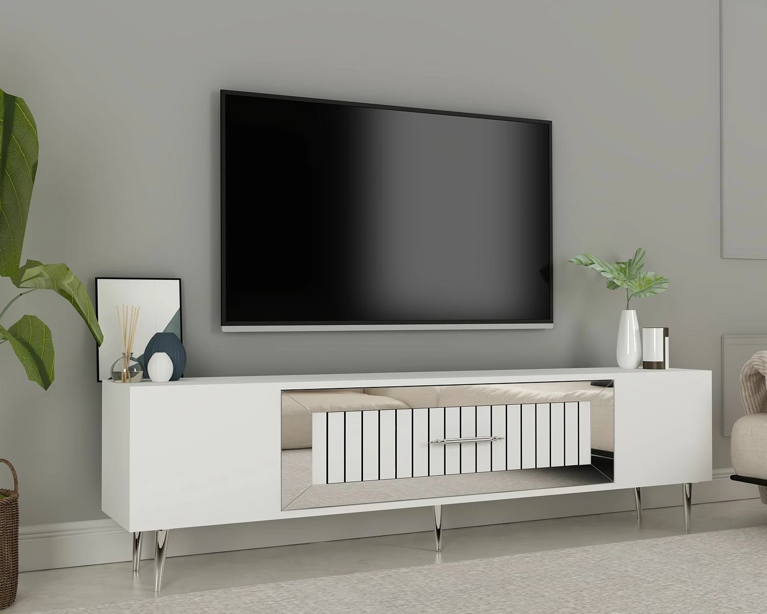 Komodë TV Skye Decor, e bardhë, argjend
