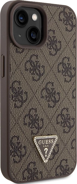 Mbështjellës Guess Leather 4G Triangle Strass për iPhone 15, Kafe