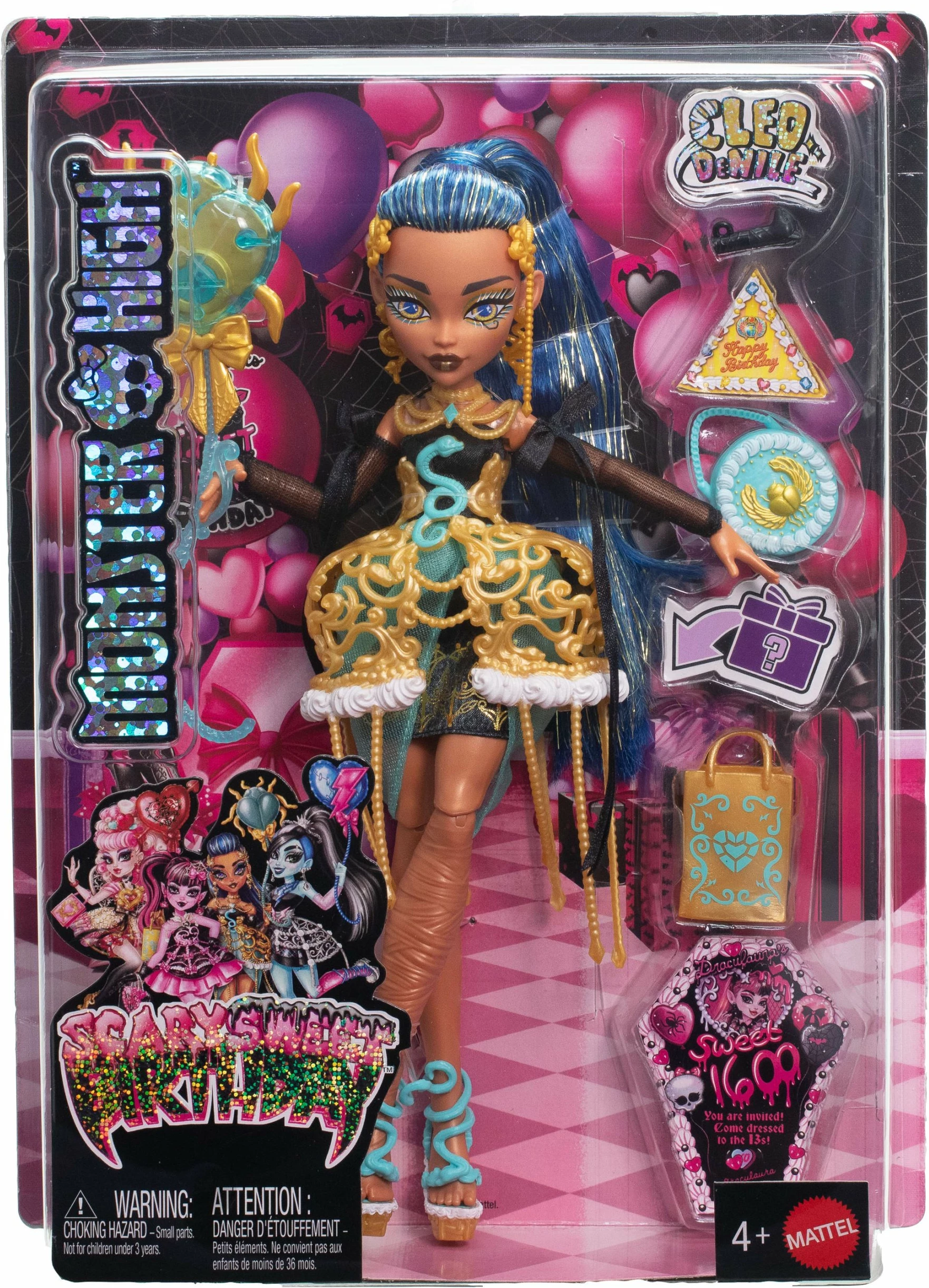 Kukull Mattel Monster High Spooktacular Birthday Cleo de Nile JBG76 29 cm, plastike, me aksesorë, jeshile/artë