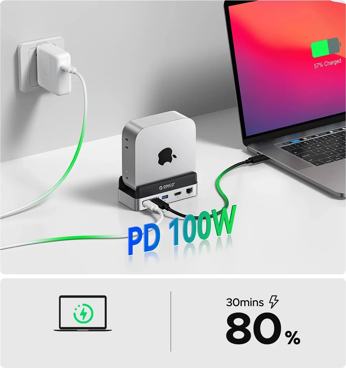 Stacion dokimi 10-në-1, Orico MiniDock, me slot M.2 deri 8 TB, HDMI 4K@60Hz, USB-C PD 100W, për Mac mini 2024, argjend