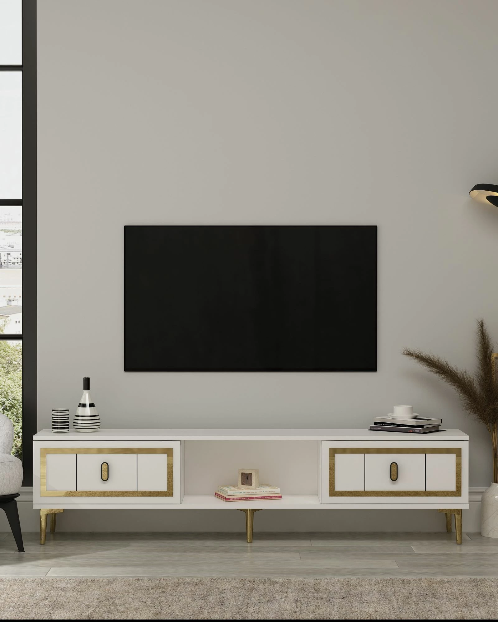 Komodë TV Skye Decor, e bardhë, ar