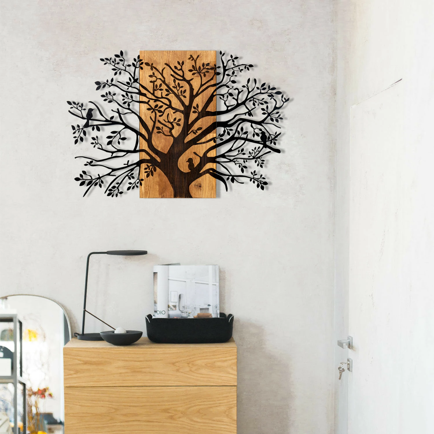 Aksesor dekorativ për mur, dru dhe metal, Wallity, Kavak, ngjyrë e zezë dhe arre, 85x58cm