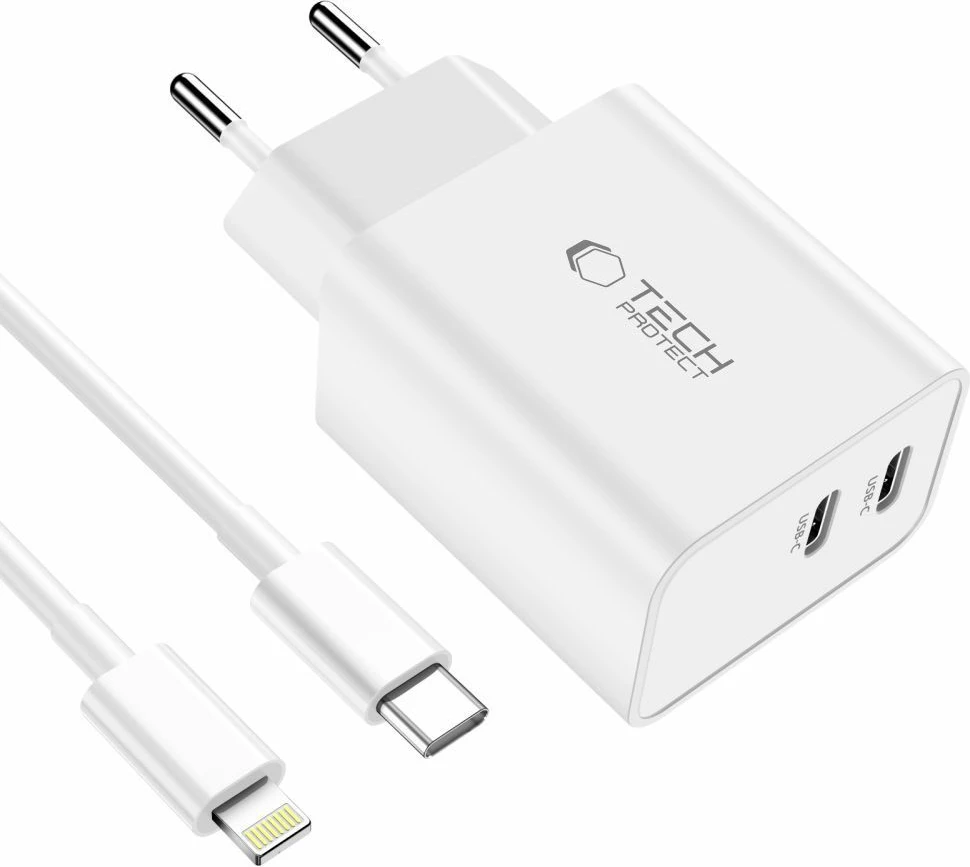 Karikues muri Tech-Protect C35W me 2 porta USB-C PD 35W dhe kabllo USB-C në Lightning, Bardhë