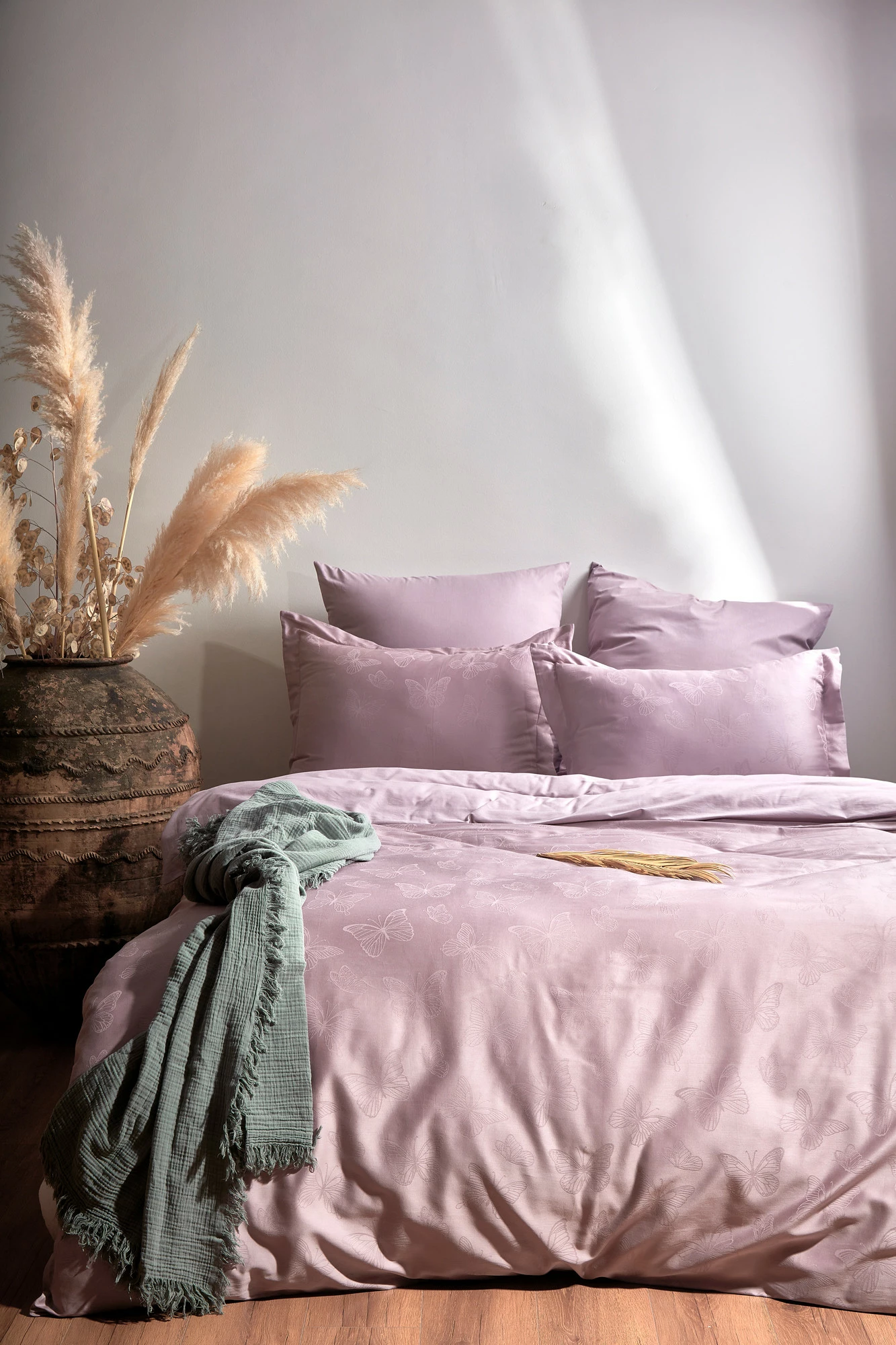 Set mbulesë për jorgan dopio, satin, L'essentiel, Kelebek, vjollcë