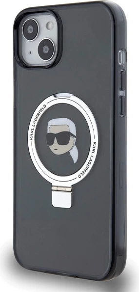 Mbështjellës Karl Lagerfeld Ring Stand Karl Head MagSafe për iPhone 15 Plus / 14 Plus, i zi